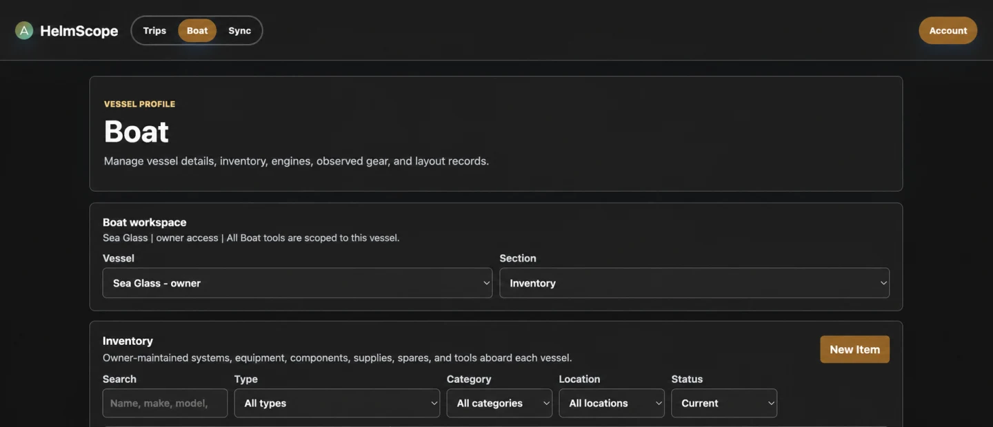 HelmScope vessel inventory organized by category and location
