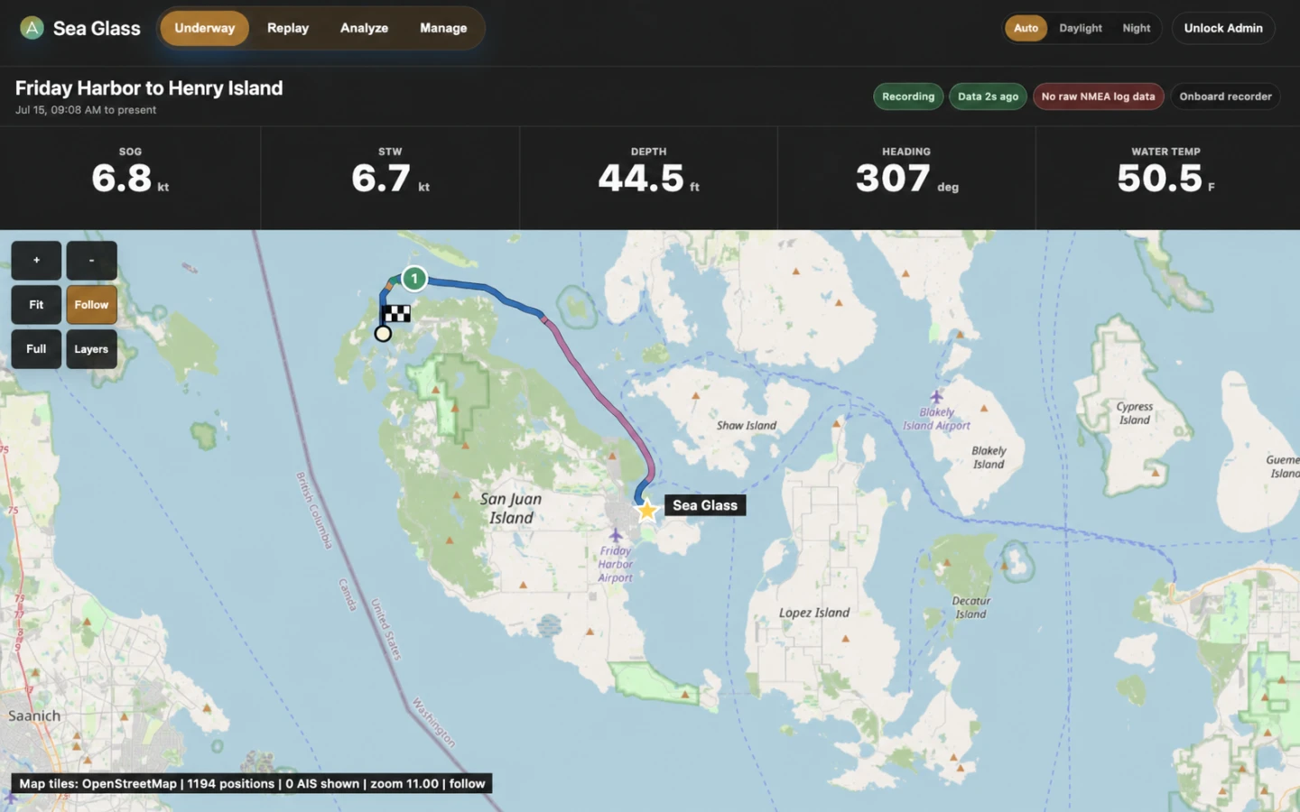 HelmScope Underway showing live vessel instruments, route map, and trip controls